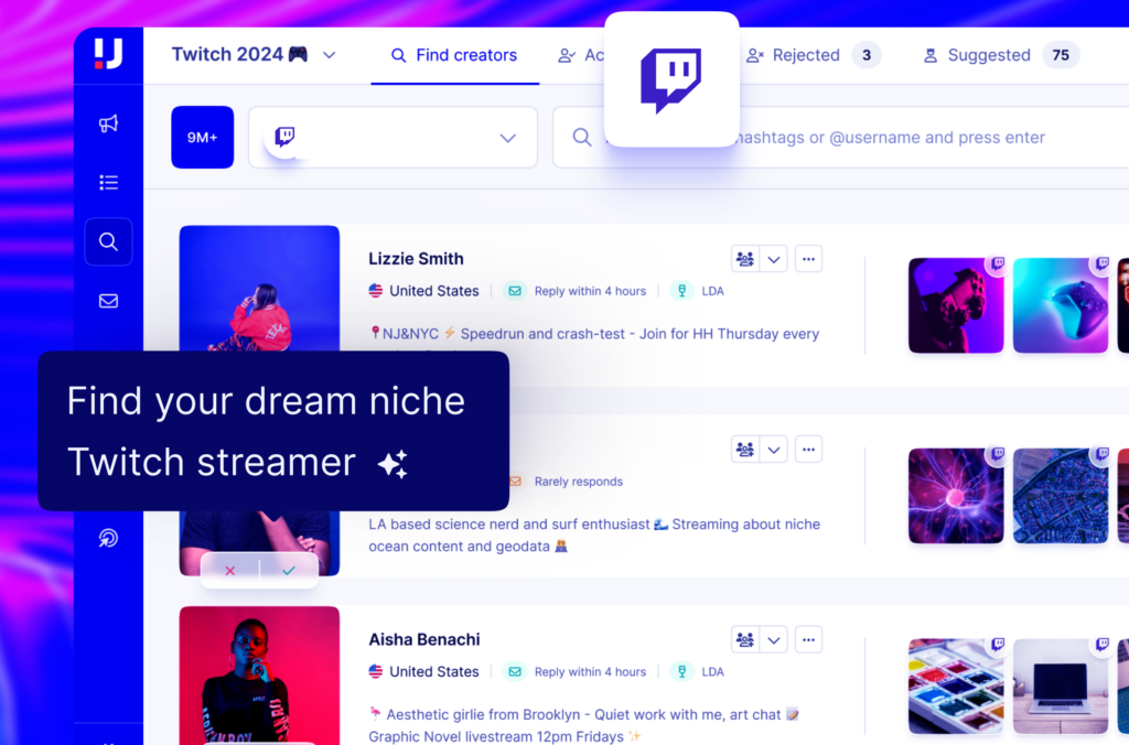 Illustration of Upfluence's search results with three niche stream creators and their data to ensure a perfect match. The colors are neon blue, red and purple and Twitch-coded.