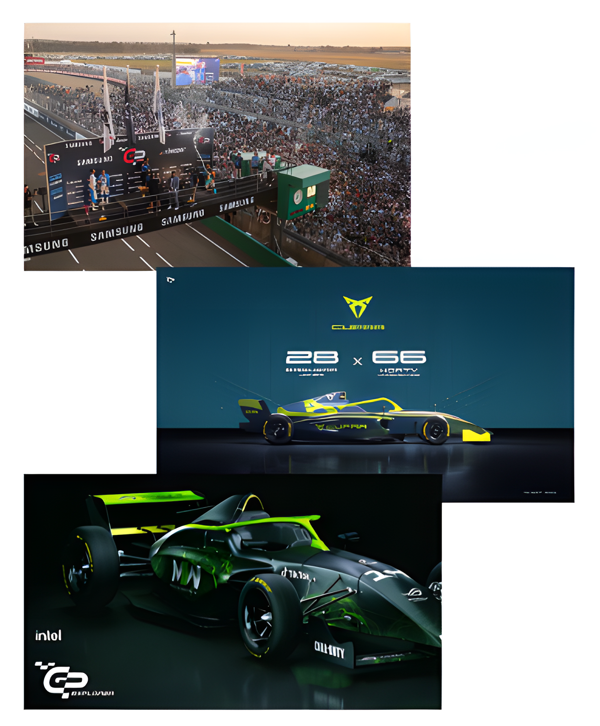Top Image: Shows a crowded grandstand and racing circuit during an awards ceremony. Several drivers stand on a podium in front of banners with logos, including Samsung, while spectators fill the area. Middle Image: Displays a digital rendering of a sleek racing car in yellow and black, labeled with the logos "CLUBS21" and "28 x 66." Bottom Image: Offers another digital rendering of a racing car, this time in green and black, with prominent logos like "INLOL" and "CLUBS21." The car is presented at an angle to showcase its detailed design.