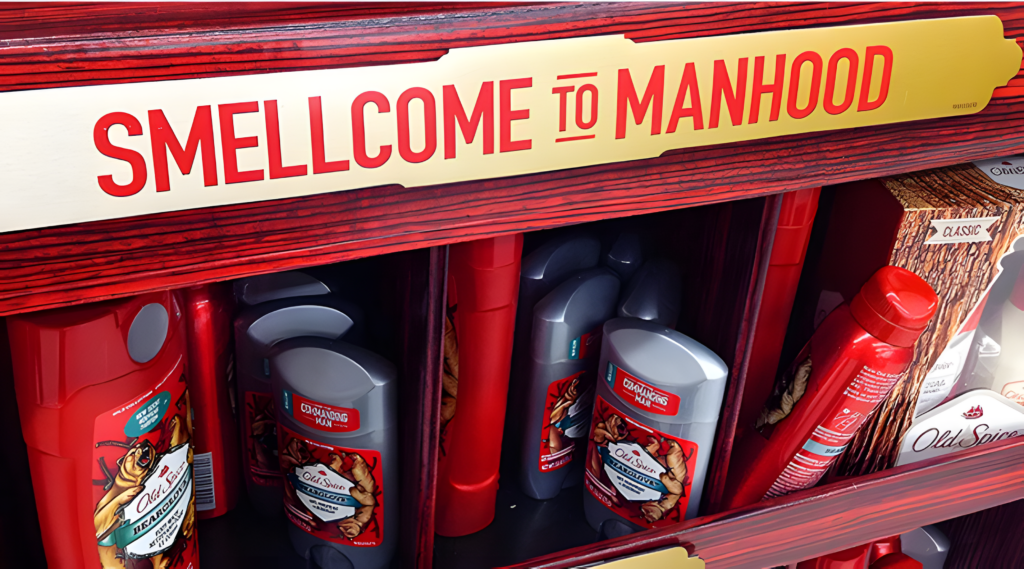 The image displays a shelf stocked with Old Spice grooming products, including deodorants and body washes. A bold sign on the shelf reads, "SMELLCOME TO MANHOOD," in bright red letters, set against a gold background with a wood-textured frame. The products have distinctive red and gray packaging, enhancing the visual appeal of the shelf.